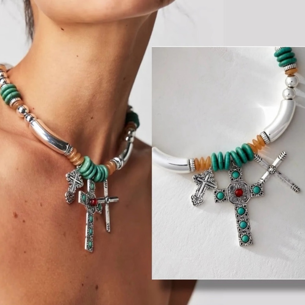 New! Free people Sweet Emotion Silver and Green Cross Pendant Necklace